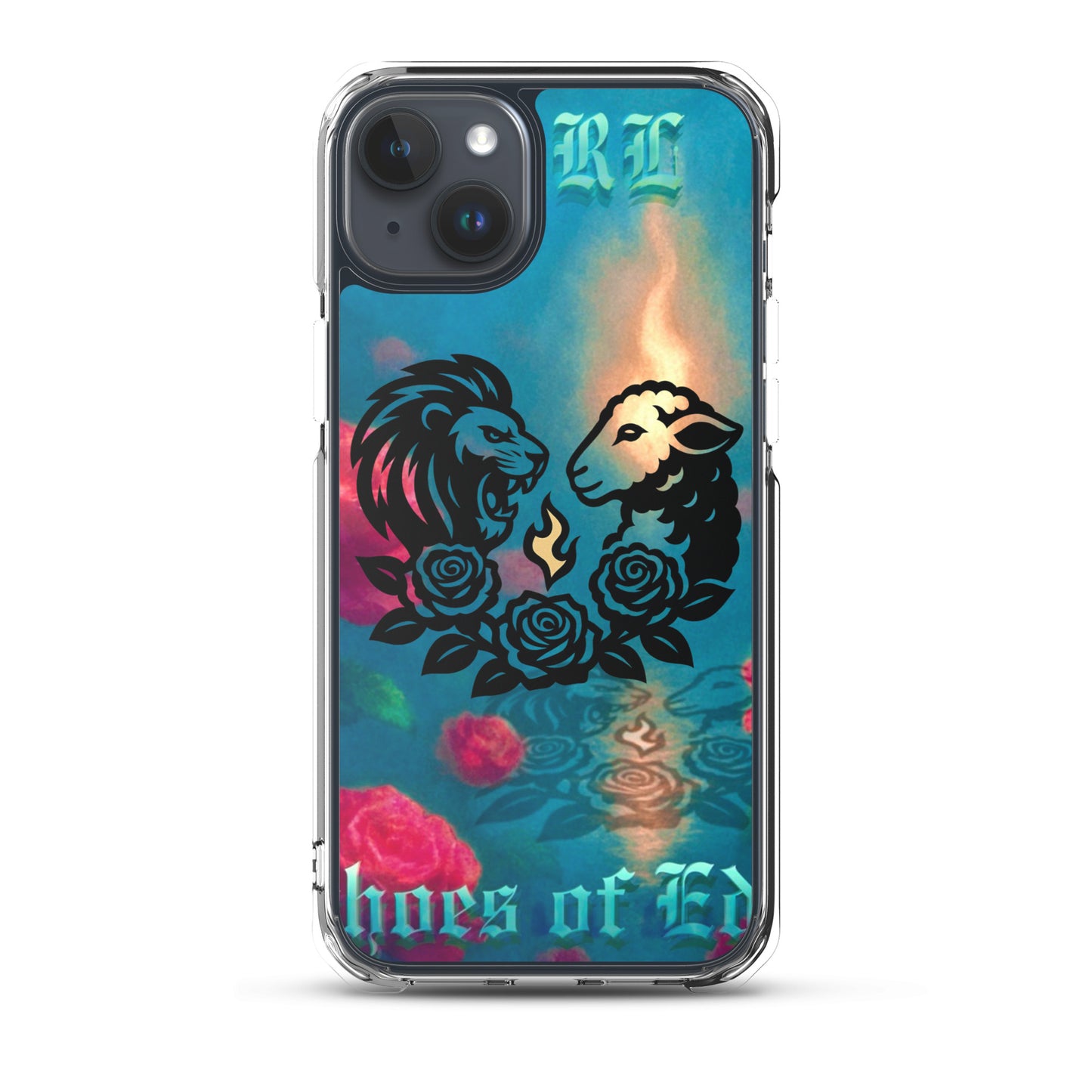 Phone case with lion and lamb design and colorful background