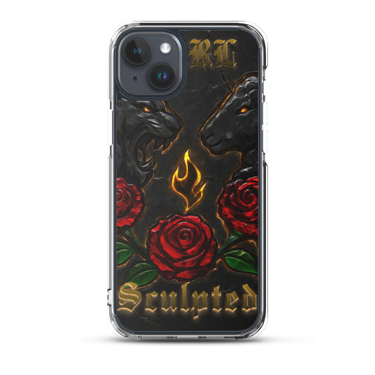 Phone case with black lion, red roses, and 'Sculpted' text on a white background
