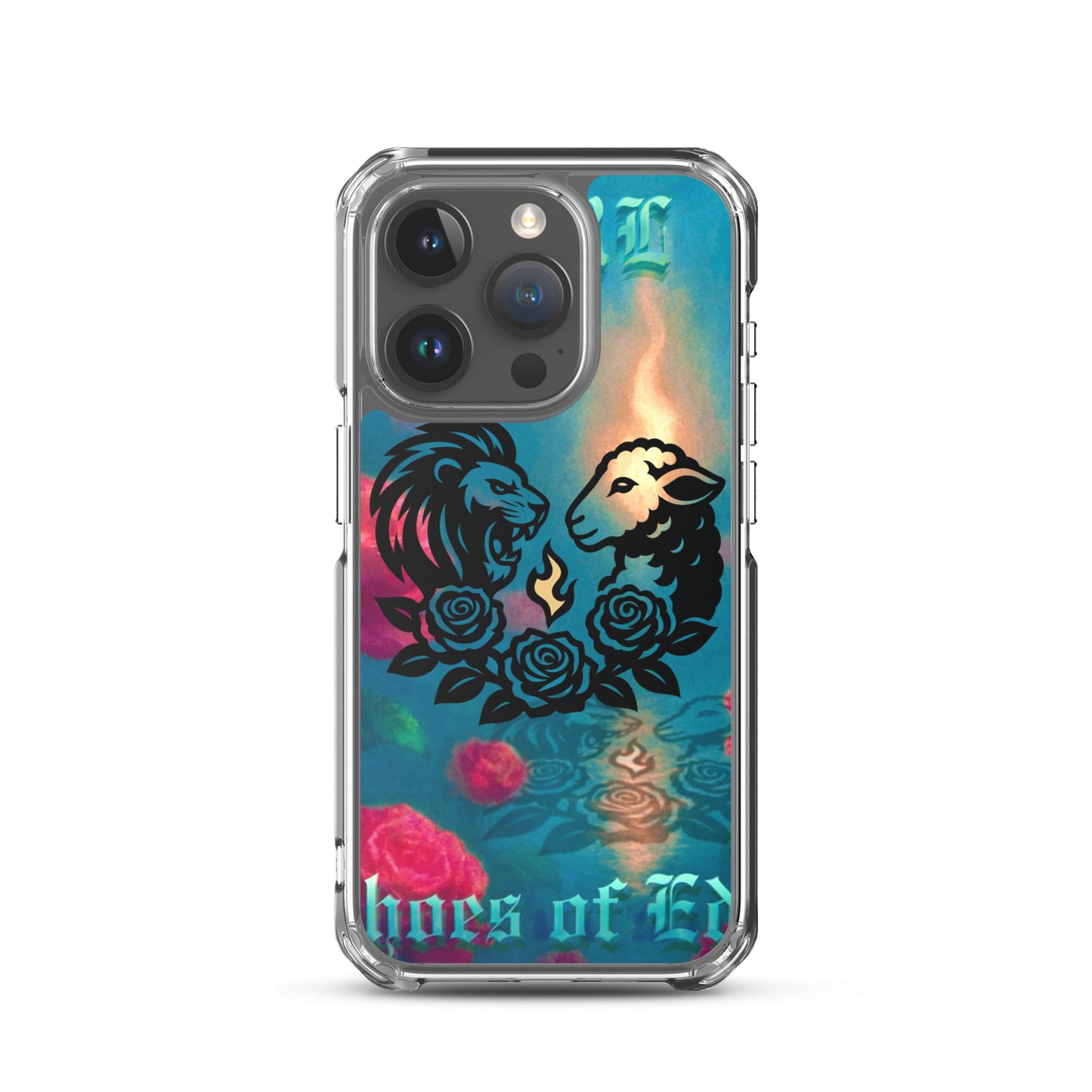 Phone case with lion and lamb design on a colorful background