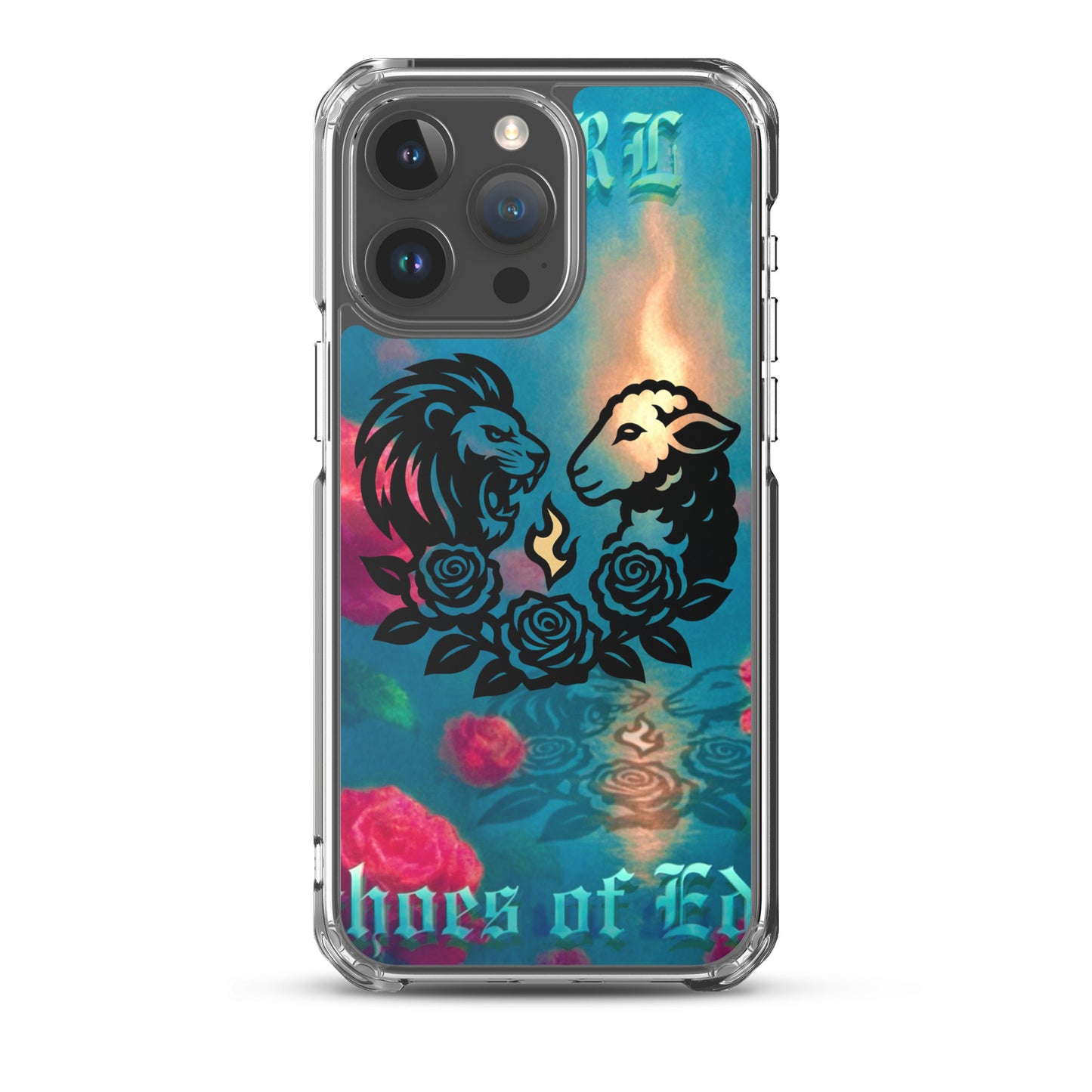 Phone case with lion and lamb design and colorful background