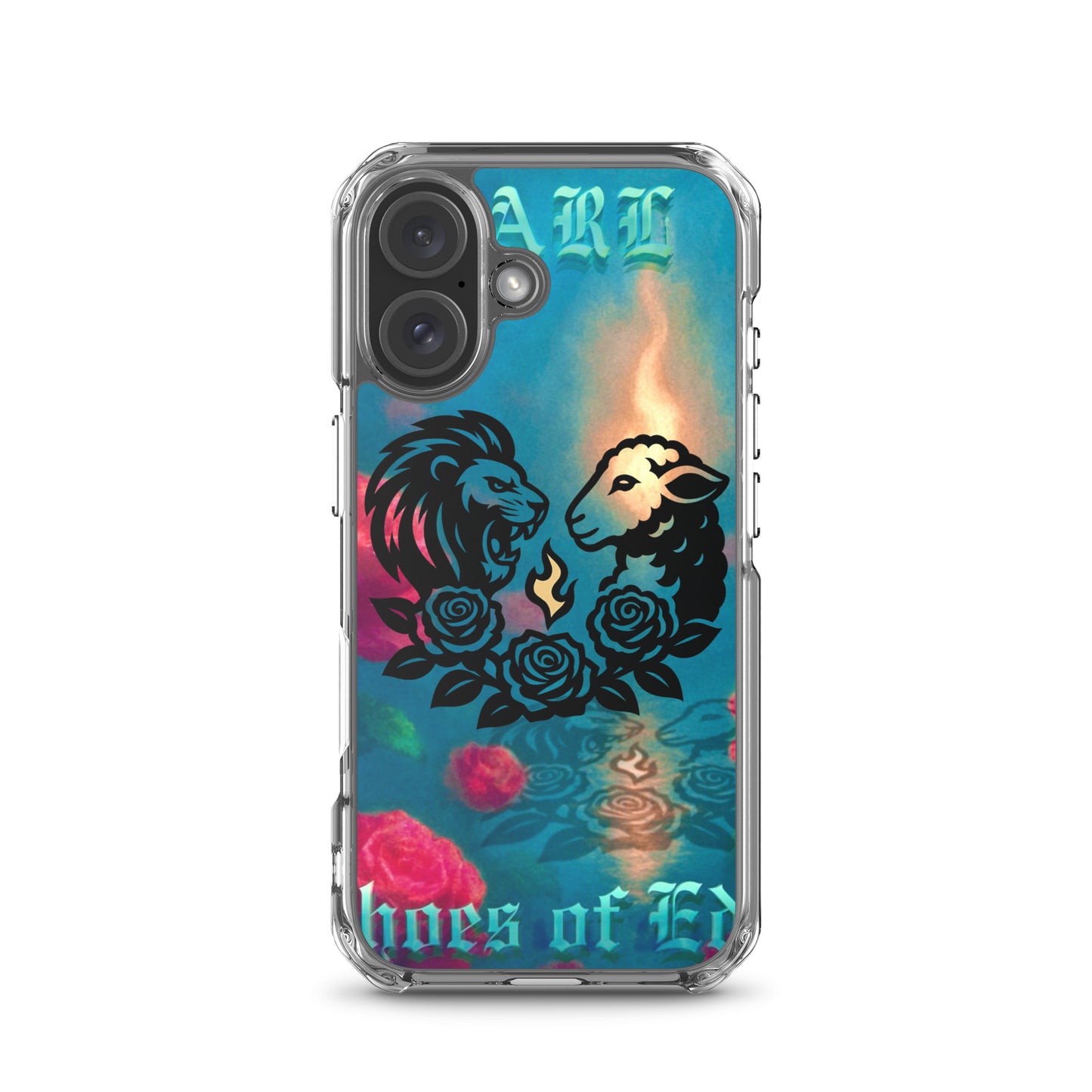 Phone case with lion and lamb design and 'Echoes Of Eden' text on a colorful background