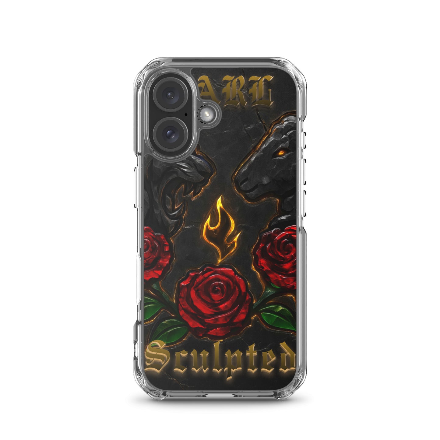 Phone case with red roses, flames, and 'Sculpted' text on a black background