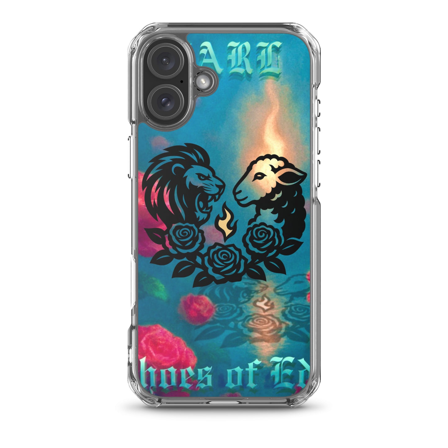 Phone case with lion and lamb  design and colorful background