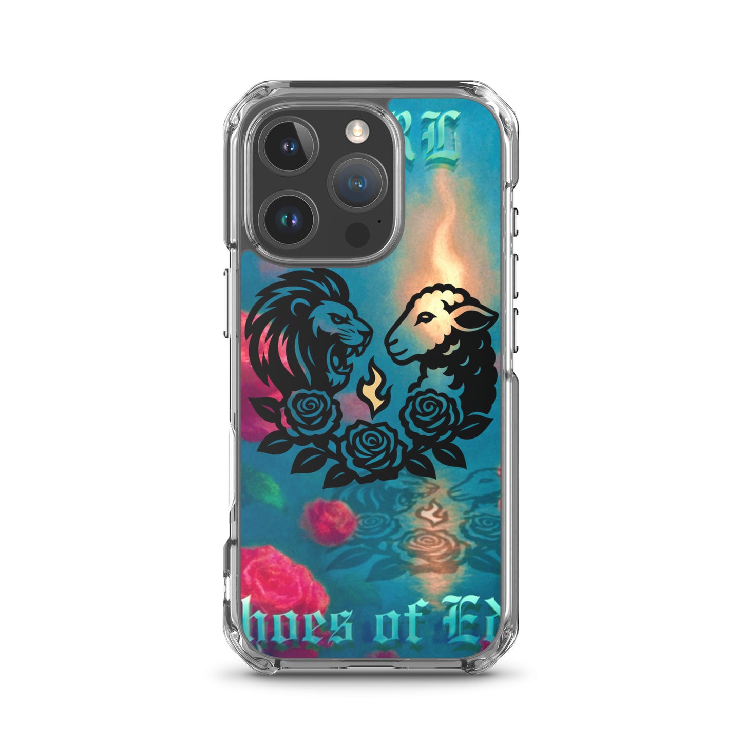 Phone case with lion and sheep design and 'Echoes Of Eden' text on a colorful background