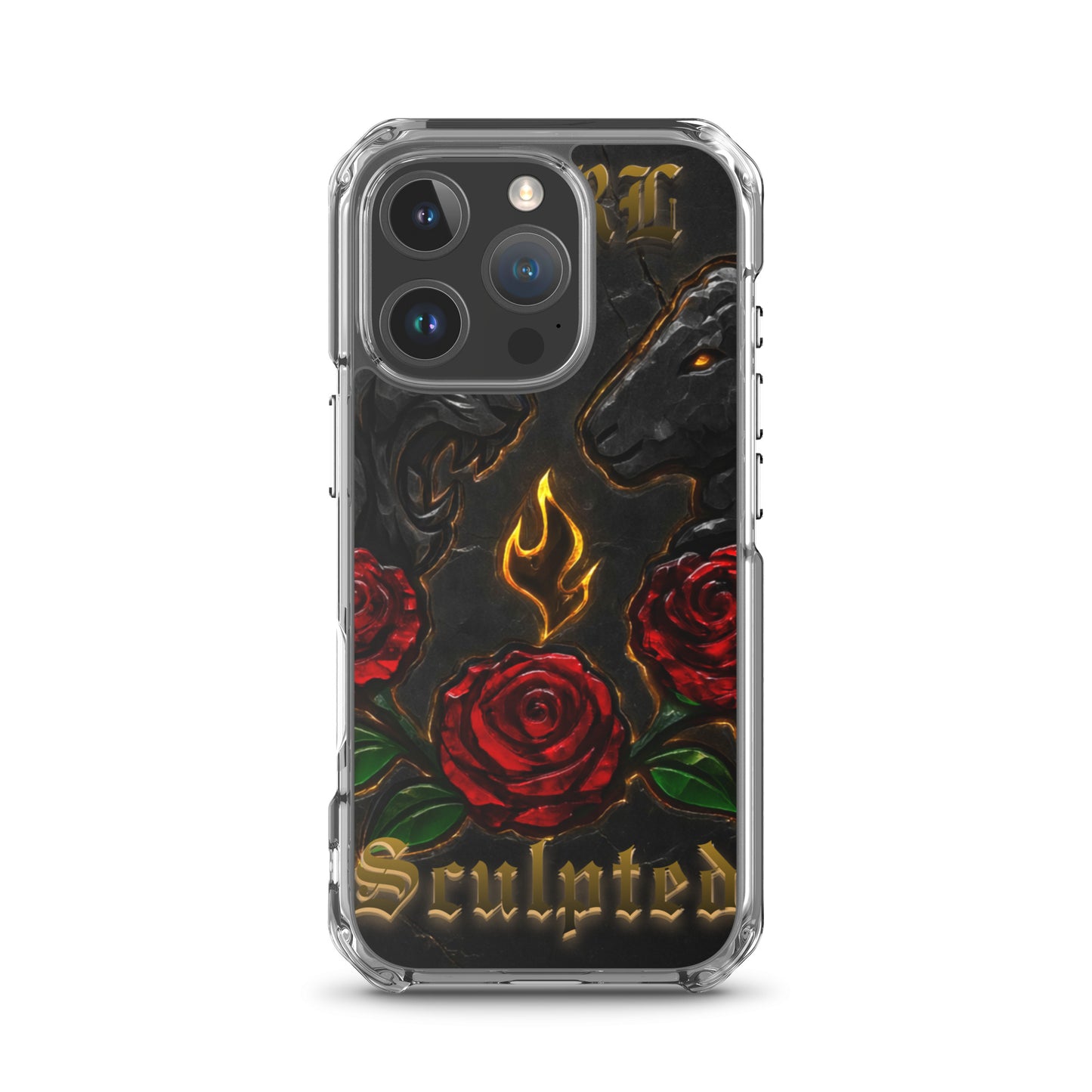 Phone case with red roses and flame design on a black background
