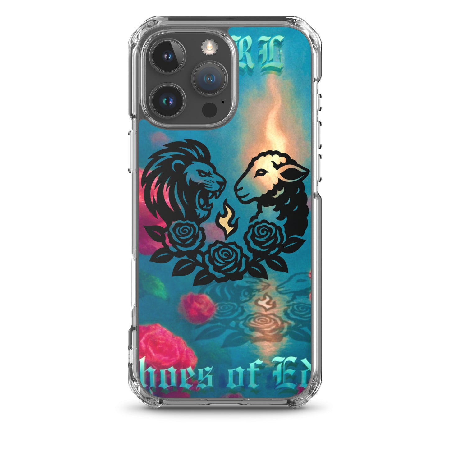 Phone case with lion and lamb design on a colorful background