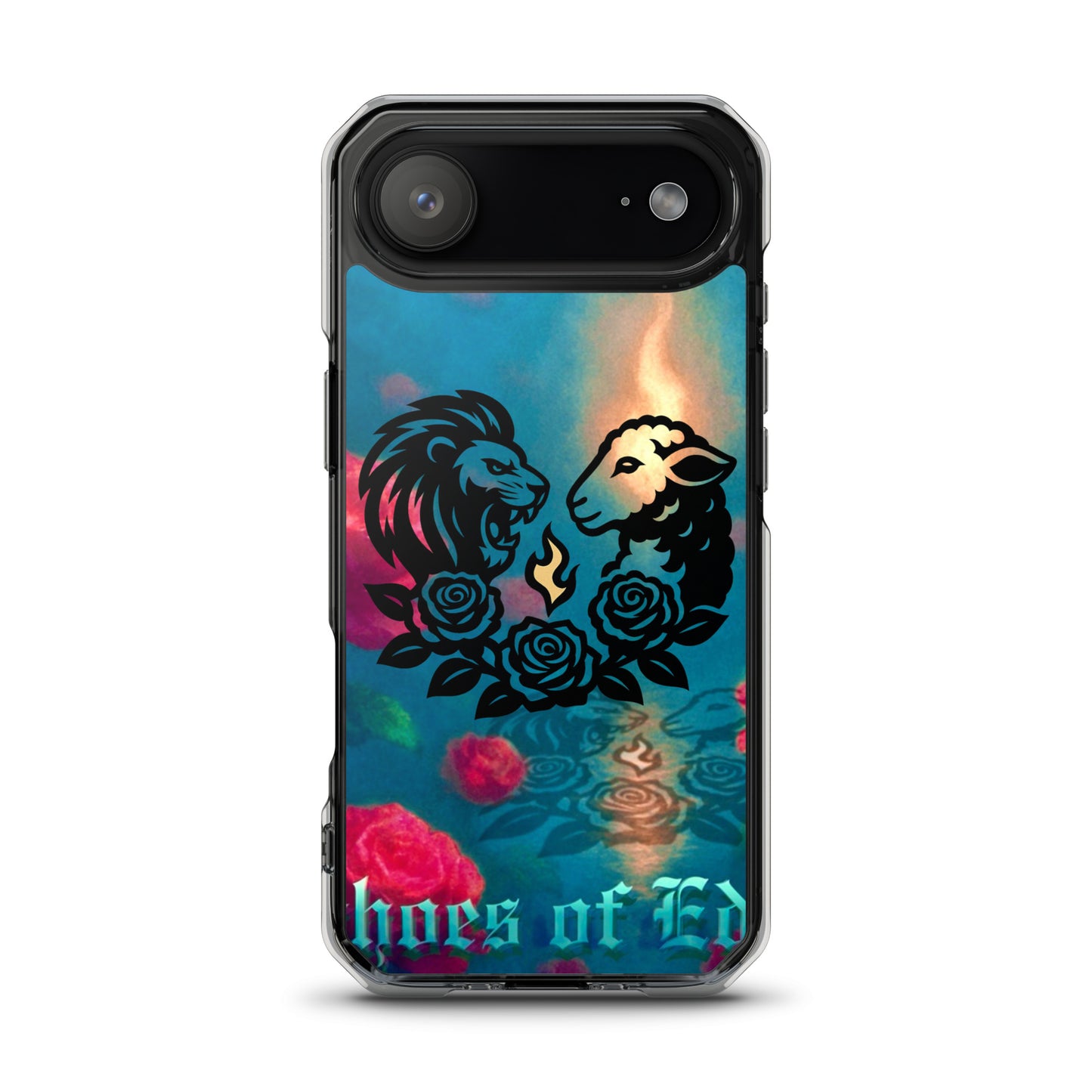 Phone case with lion and lamb design and 'Echoes Of Eden' text on a colorful background