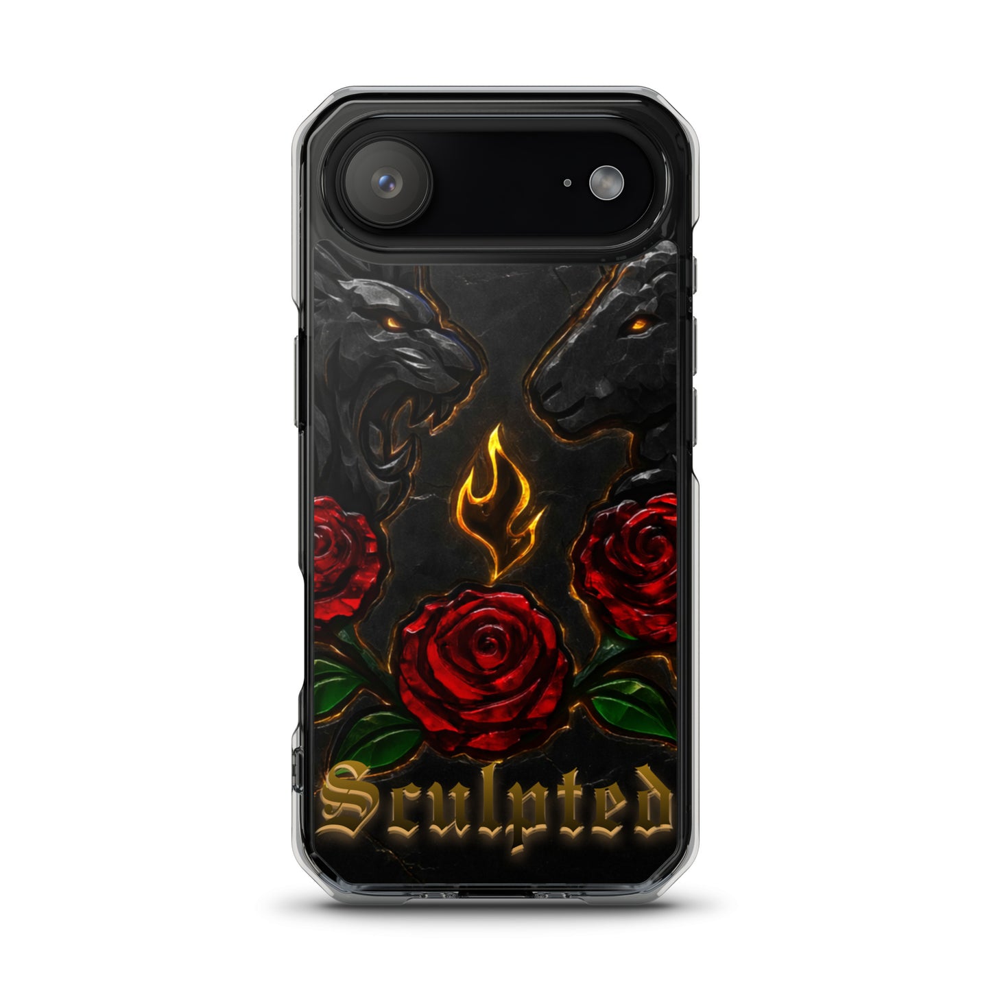Phone case with lion/lamb design, roses, and 'Sculpted' text on a white background