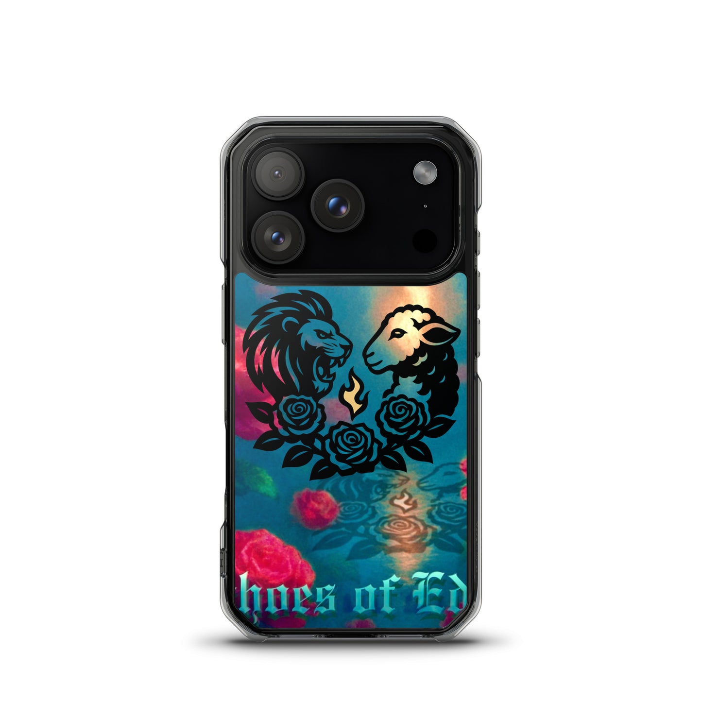 Phone case with lion and lamb design and 'Echoes Of Eden' text on a white background