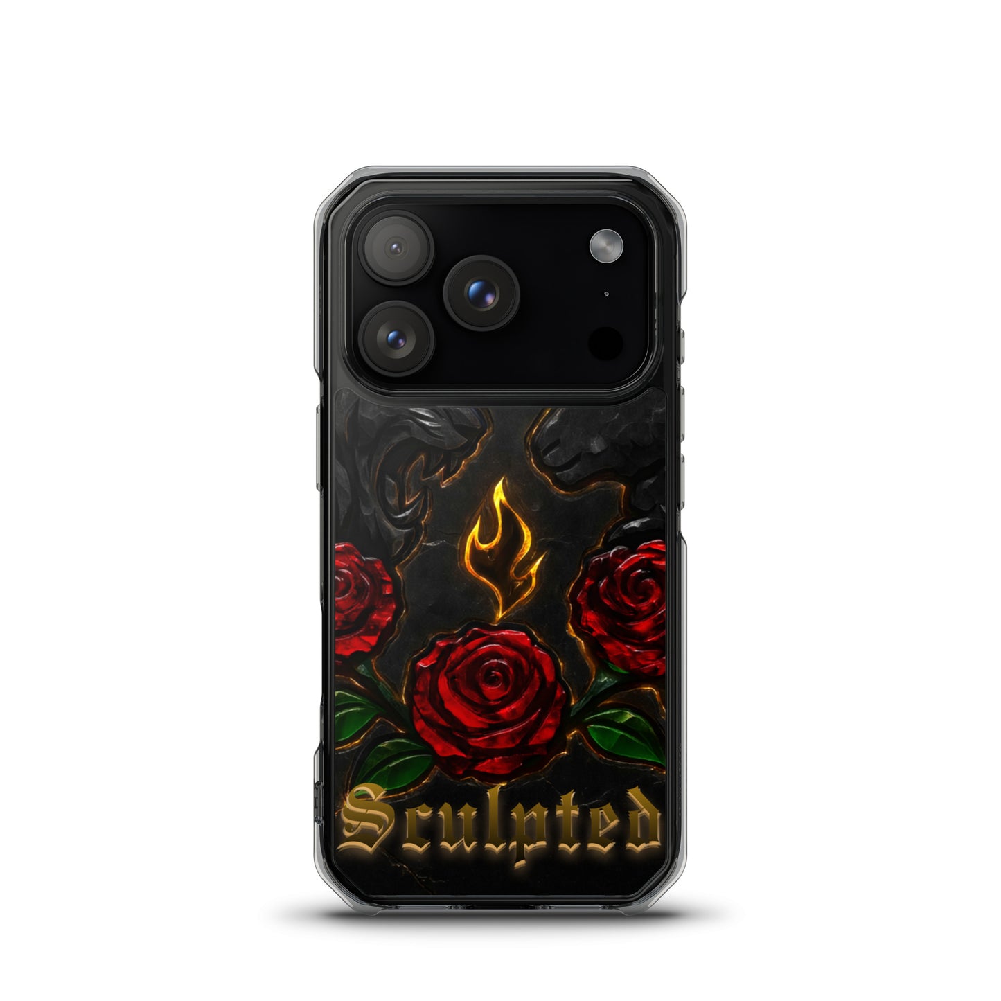 Phone case with red roses and 'Sculpted' text on a black background