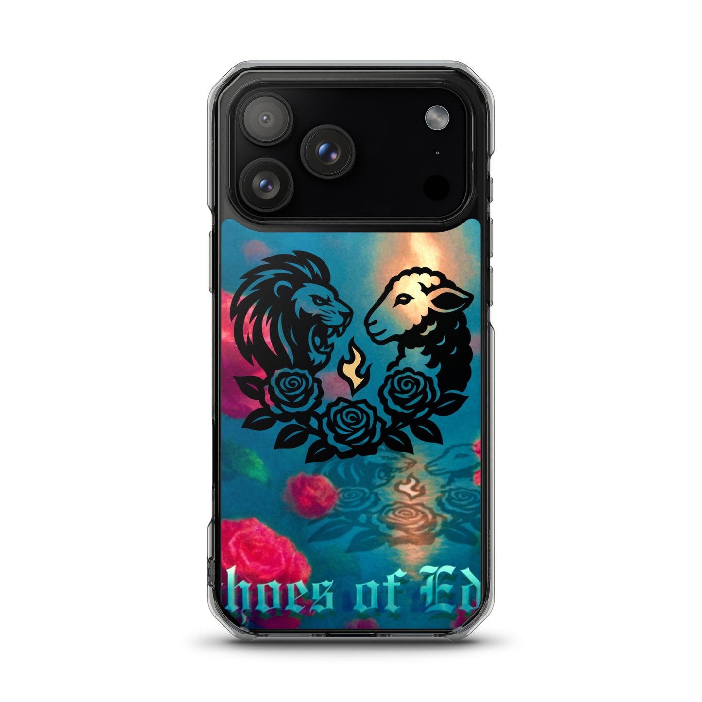 Phone case with lion and lamb design and 'Echoes Of Eden' text on a colorful background