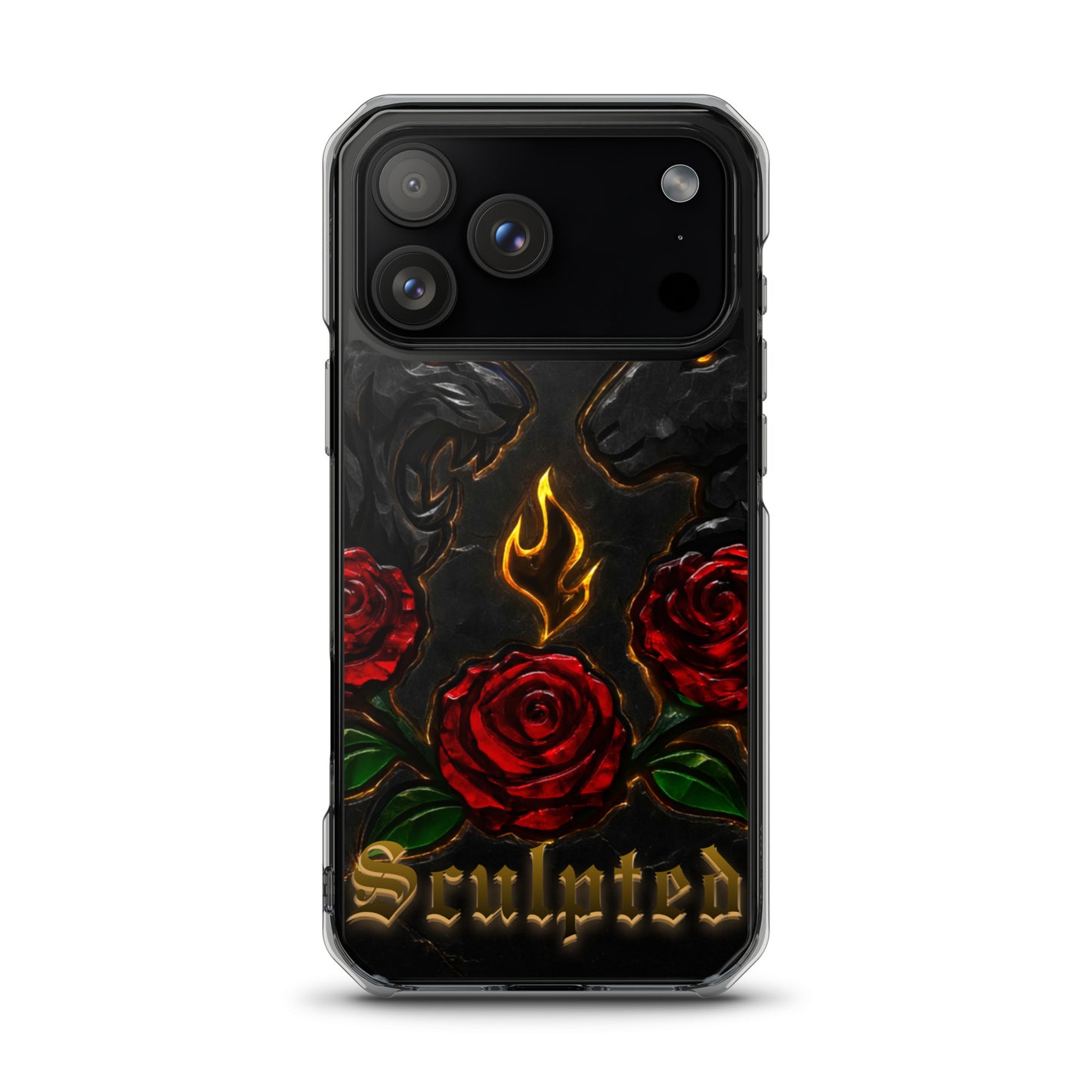 Phone case with red roses and flame design on a black background