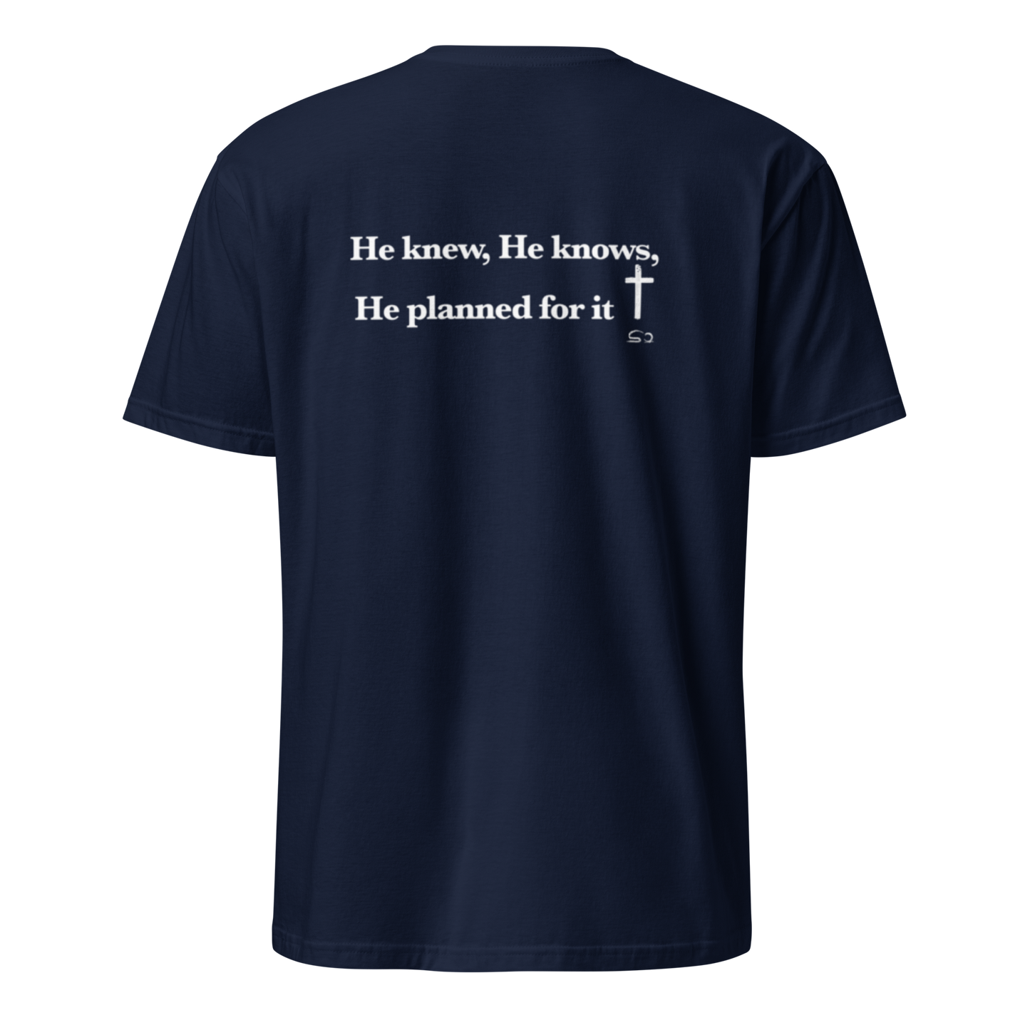 Navy blue t-shirt with white text and cross on a white background