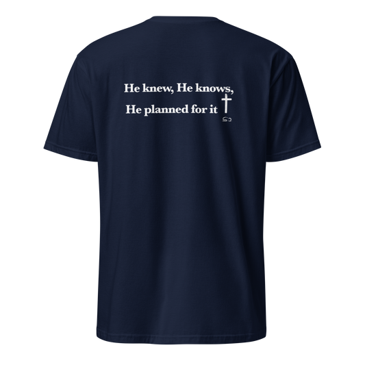 Navy blue t-shirt with white text and cross on a white background