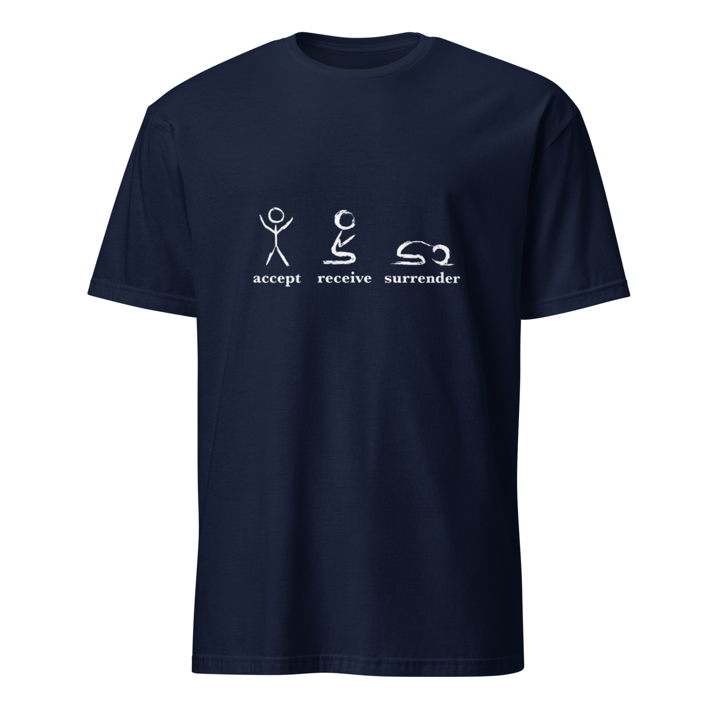 Navy blue t-shirt with white graphics and text on a white background