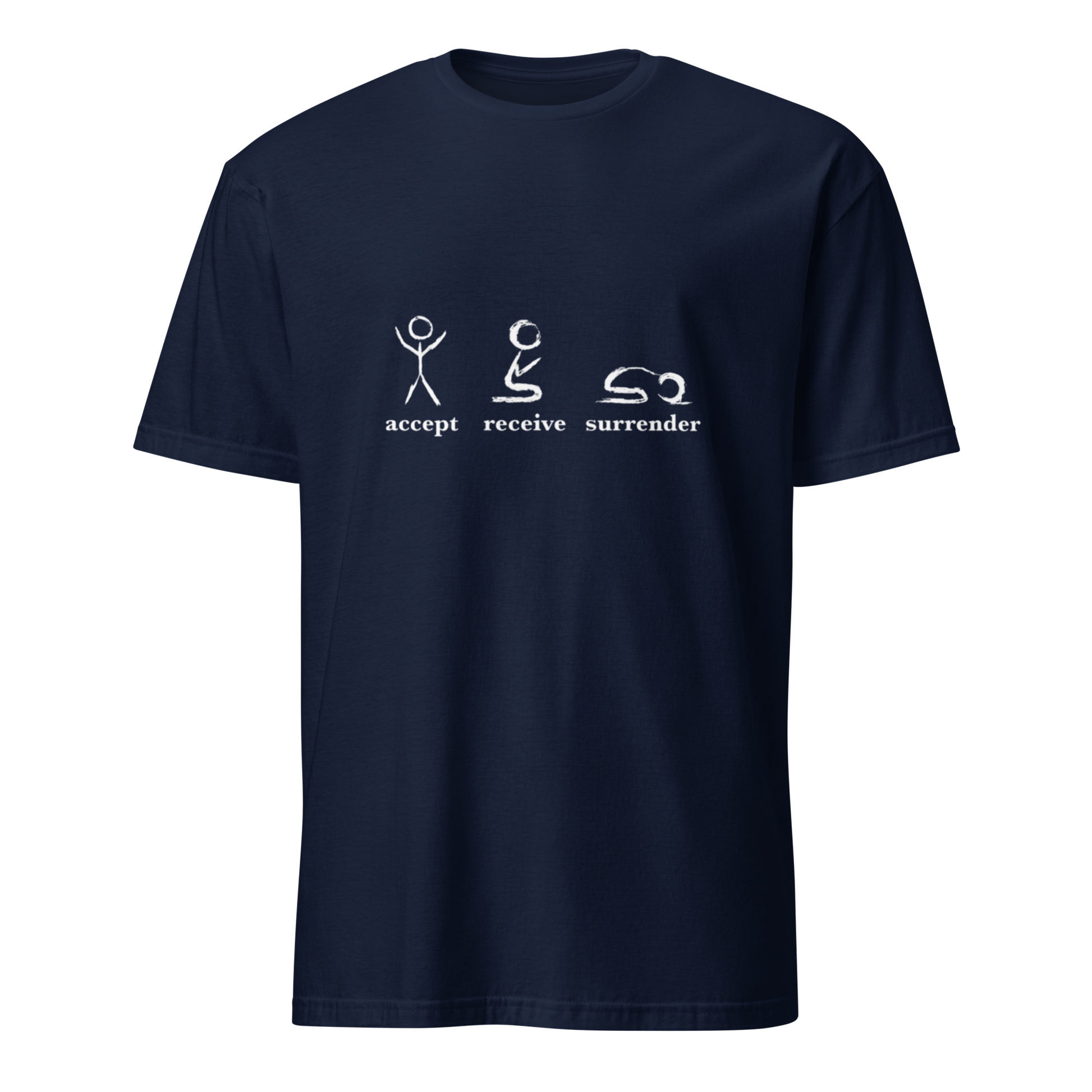 Navy blue t-shirt with white graphics and text on a white background
