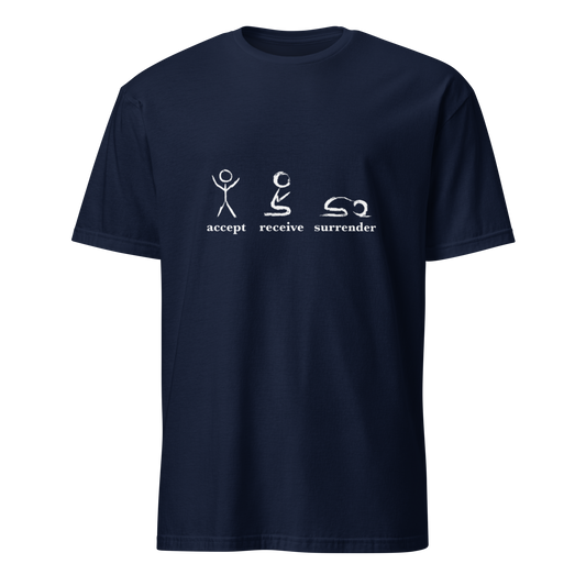 Navy blue t-shirt with white graphics and text on a white background