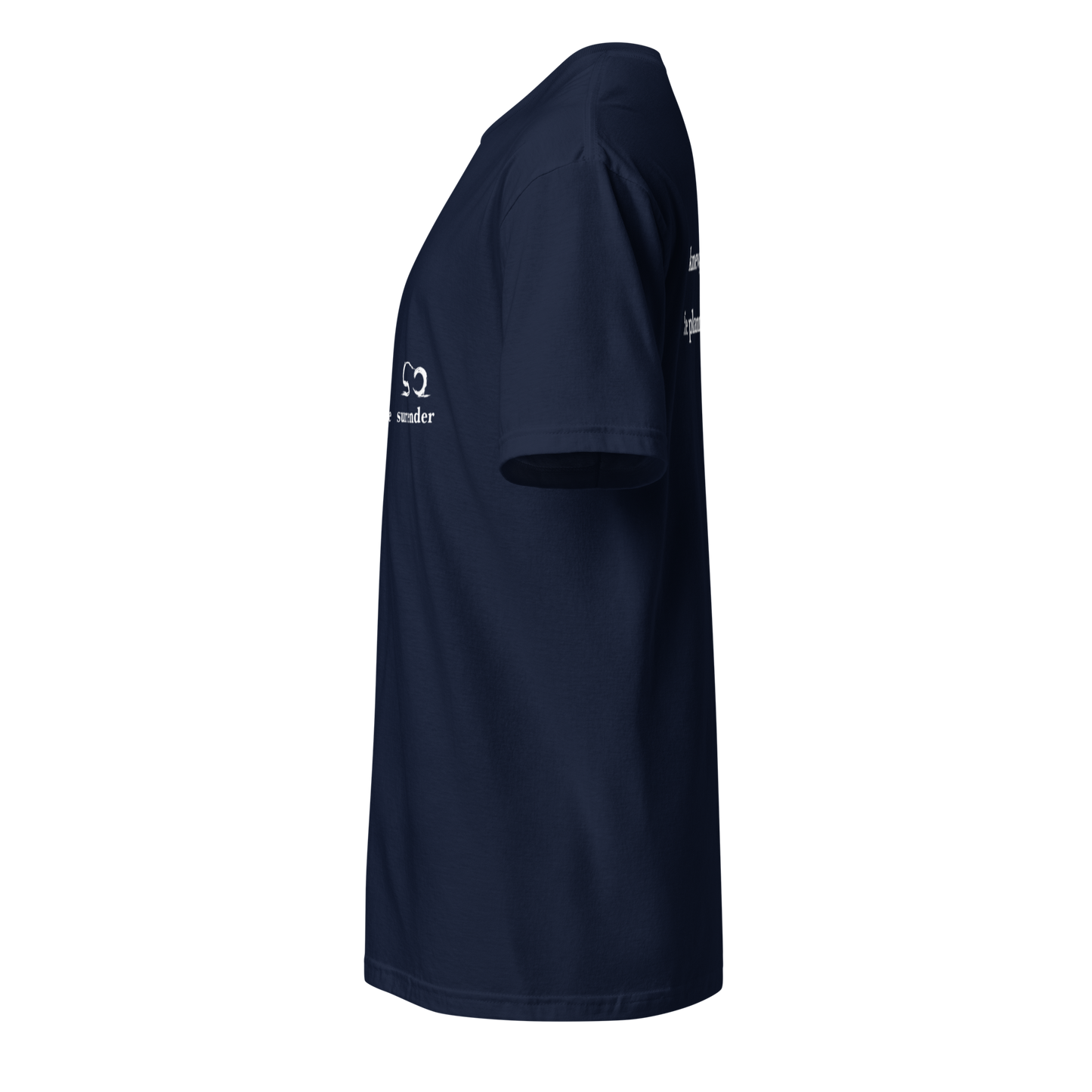 Navy blue t-shirt with a red and blue graphic on the sleeve against a white background