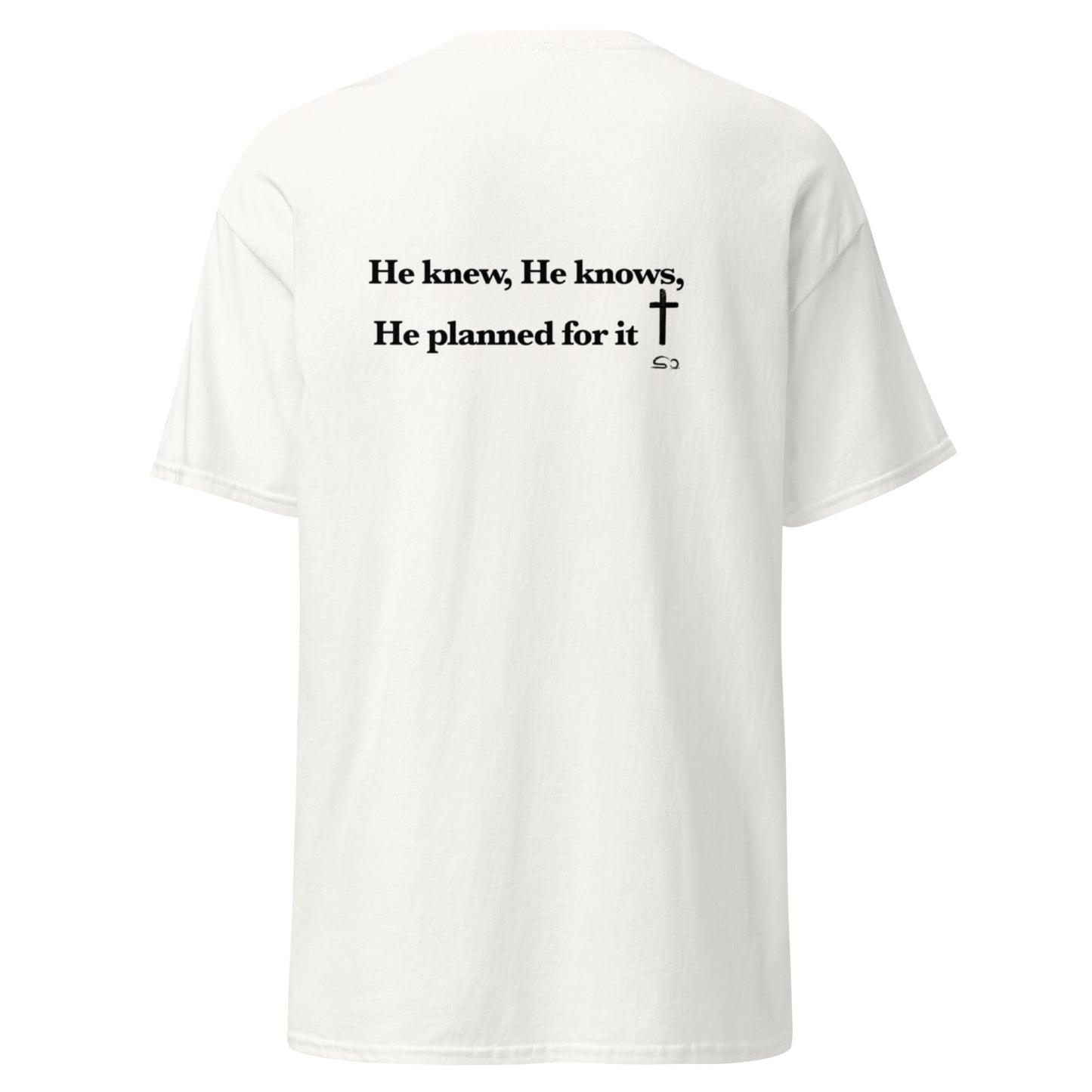 White t-shirt with black text and a cross on a white background