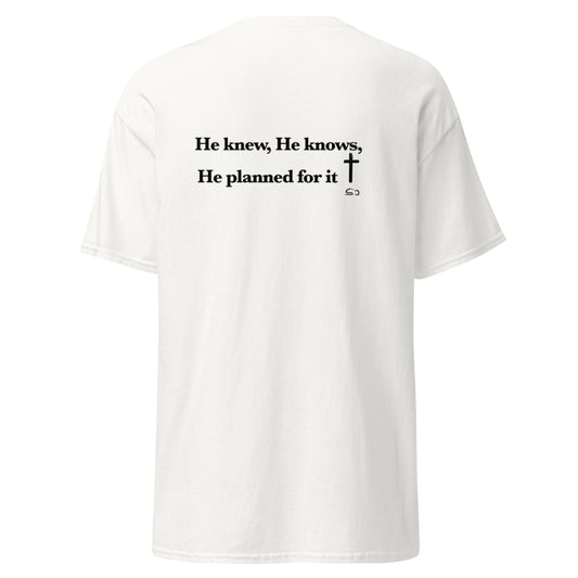 White t-shirt with black text and a cross on a white background