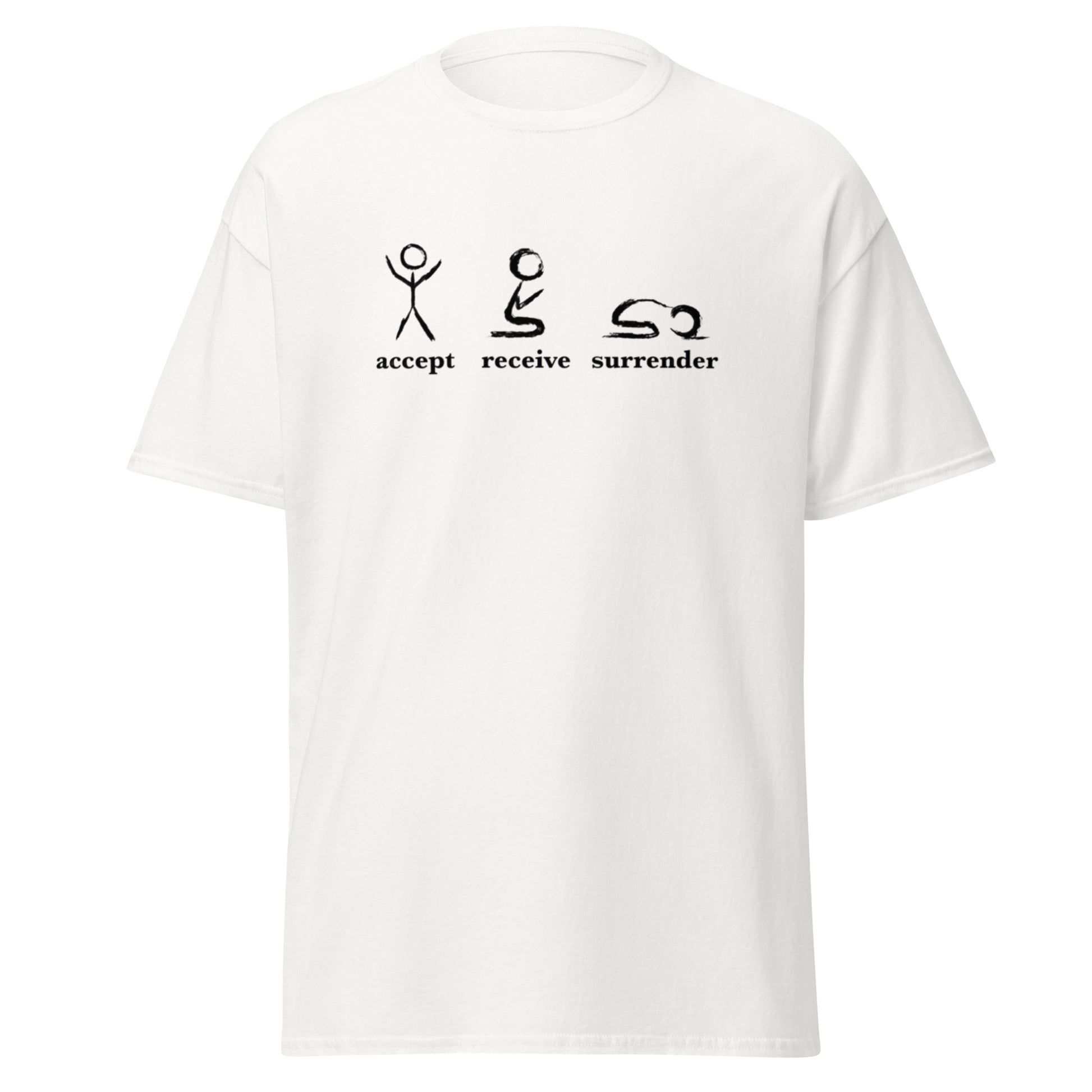 White t-shirt with black graphics and text on a white background