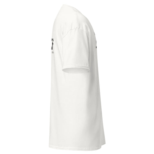 White t-shirt with a blue logo on a white background