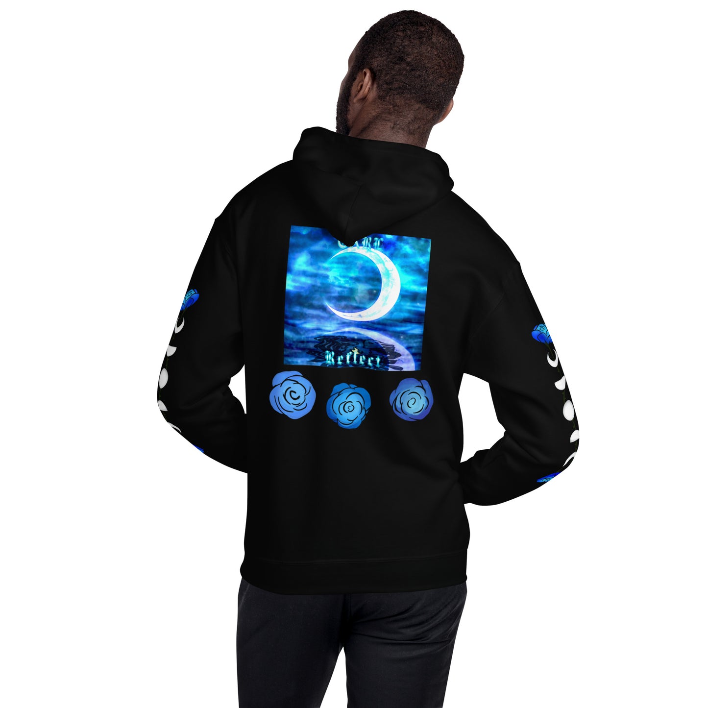 Person wearing a black hoodie with a blue graphic on the back, standing against a white background