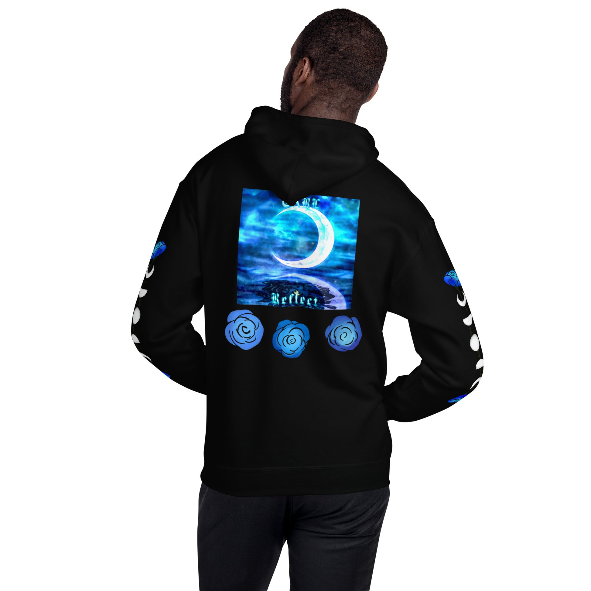 Person wearing a black hoodie with a blue graphic on the back, standing against a white background