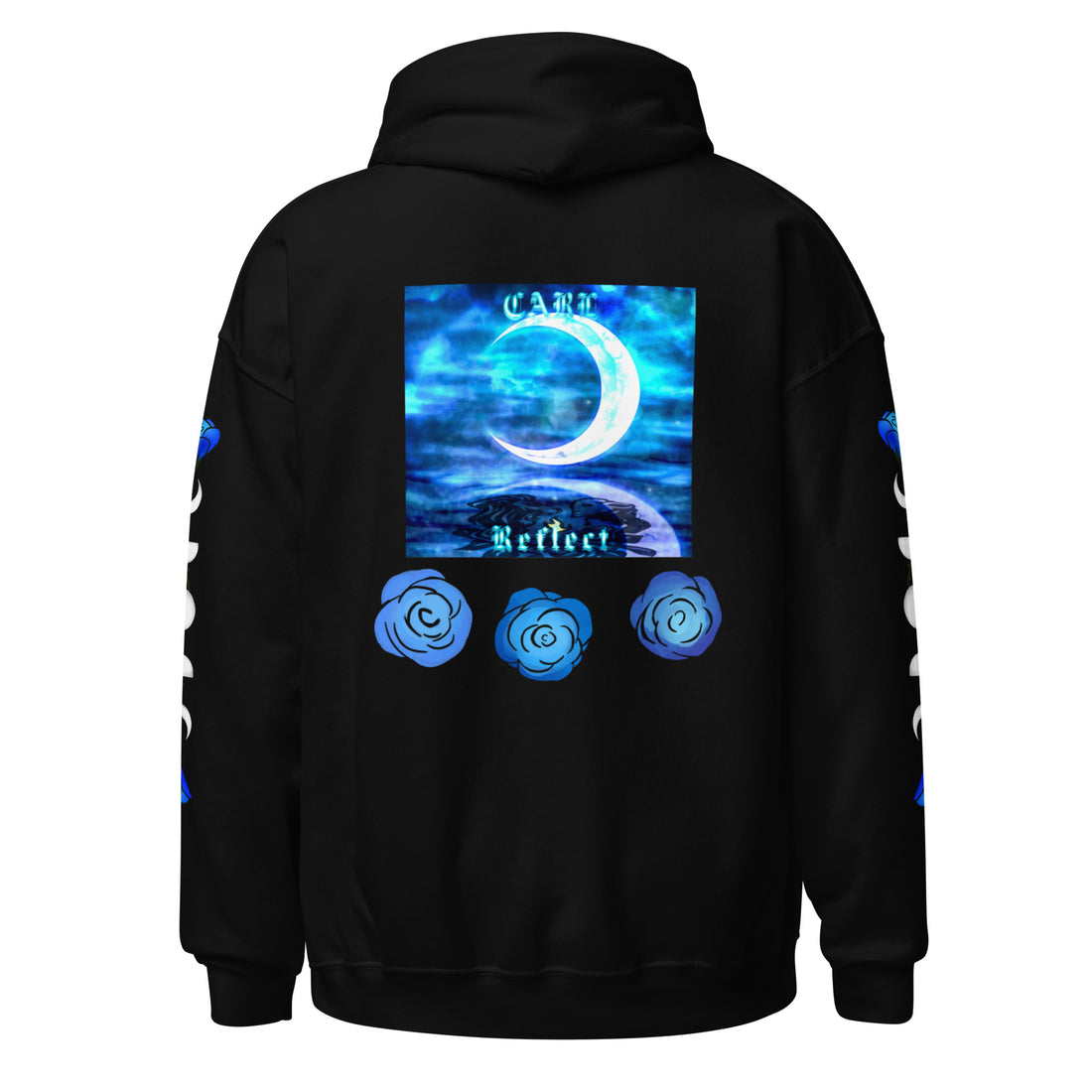 Black hoodie with a blue graphic design on the back against a white background