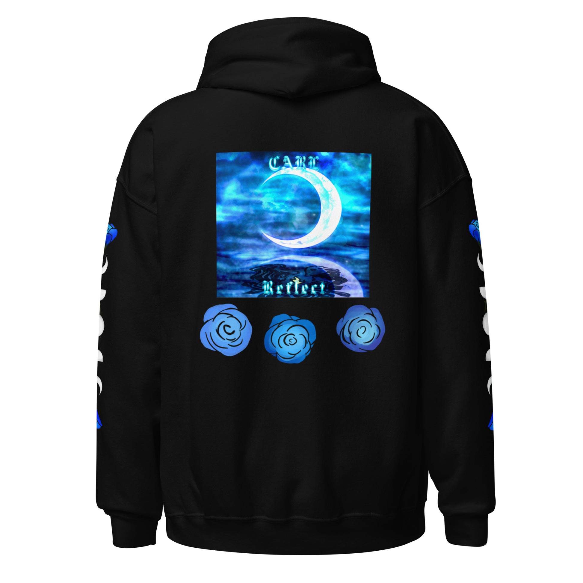 Black hoodie with a blue graphic design on the back against a white background
