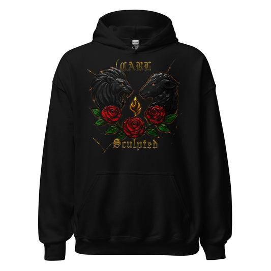 Black hoodie with red logo on a white background