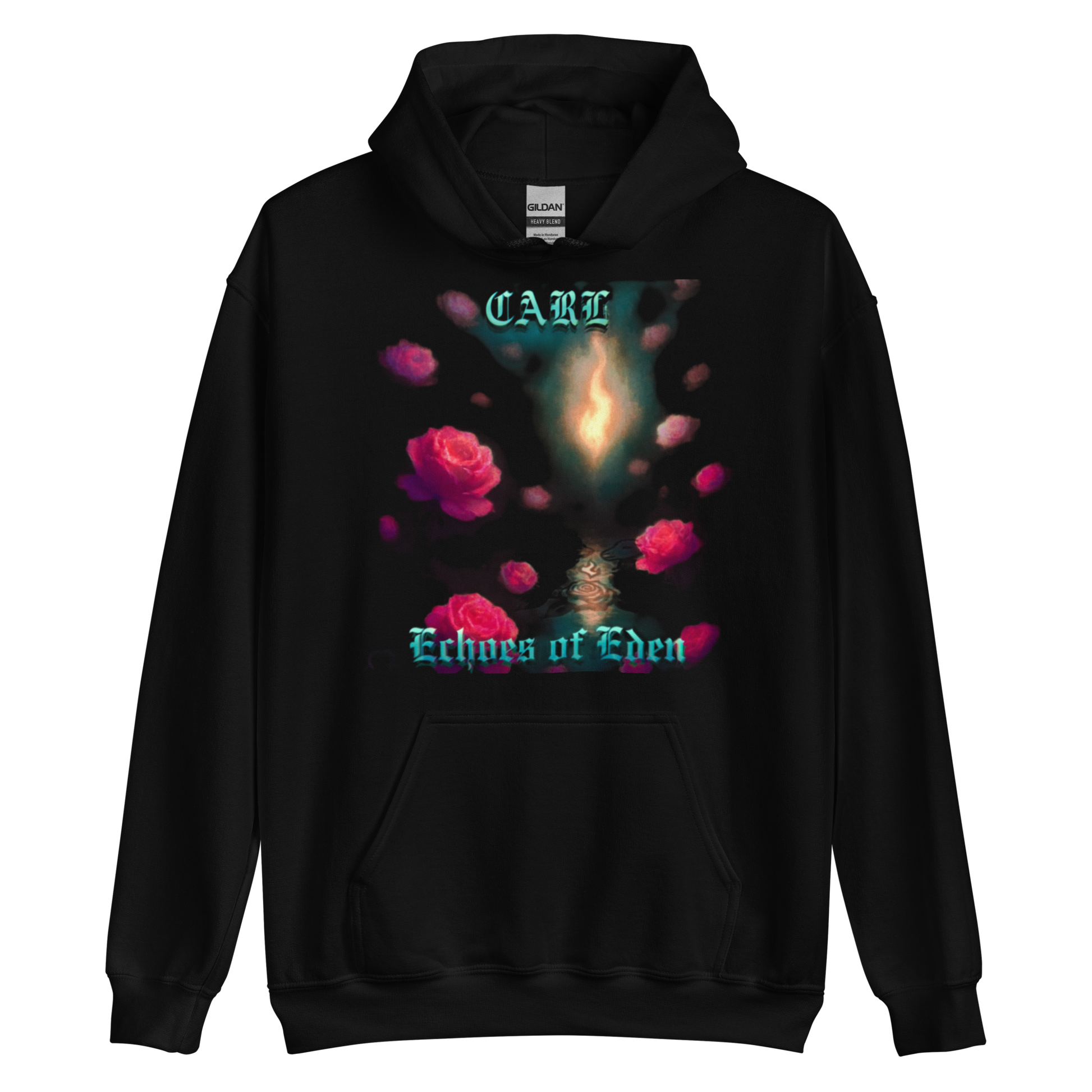 Black hoodie with 'CARL Echos of Eden' design on a white background