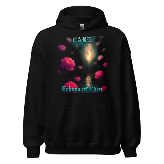 Black hoodie with 'CARL' and 'Echoes of Eden' design on a white background