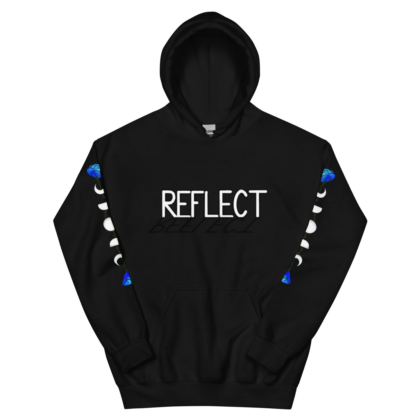 Black hoodie with words in all caps REFLECT