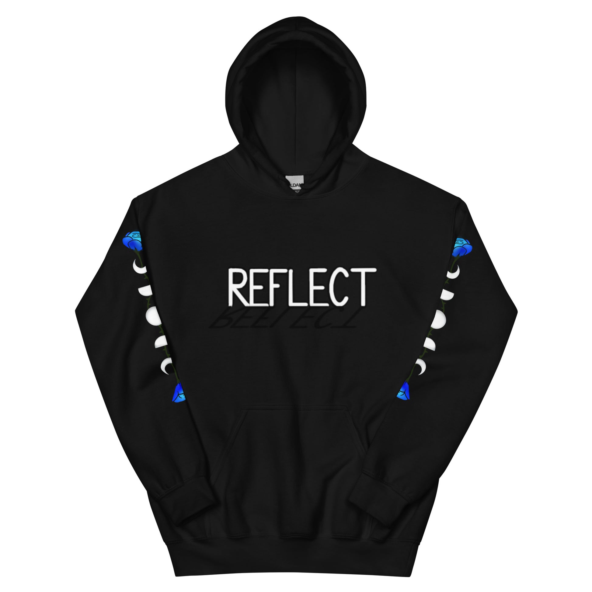 Black hoodie with words in all caps REFLECT