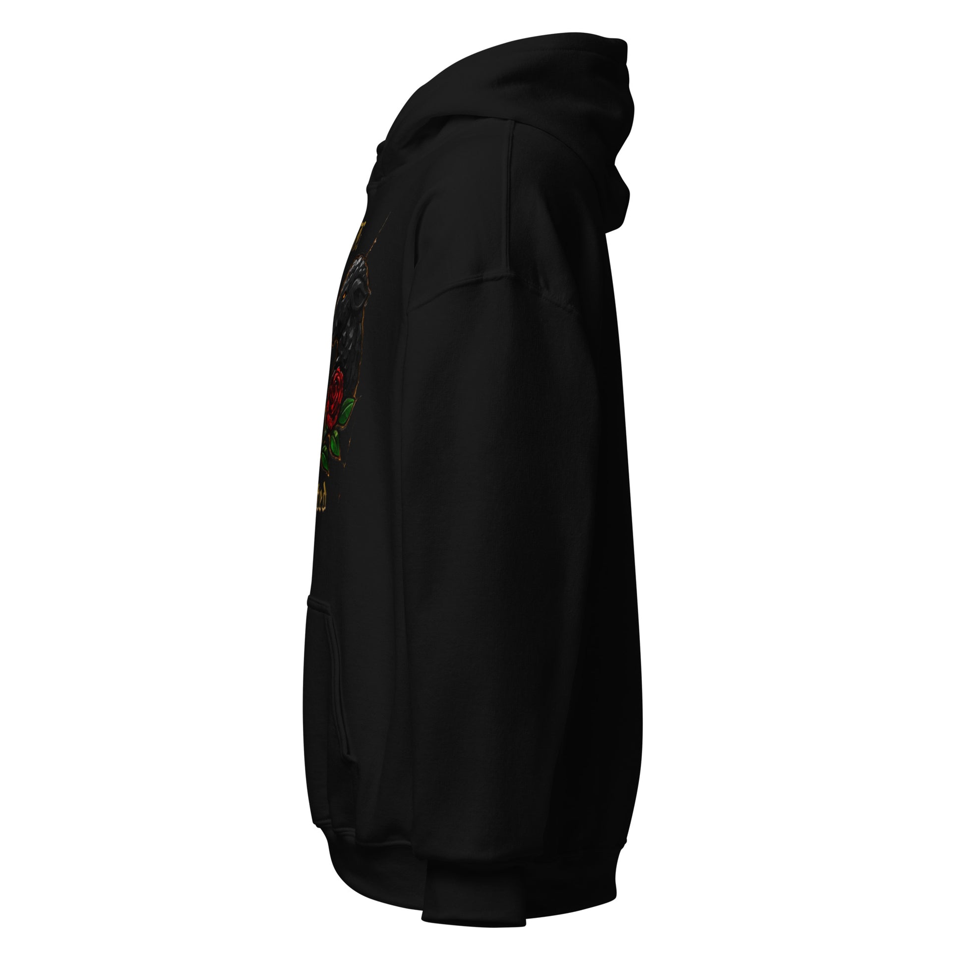 Black hoodie with red accents on a white background