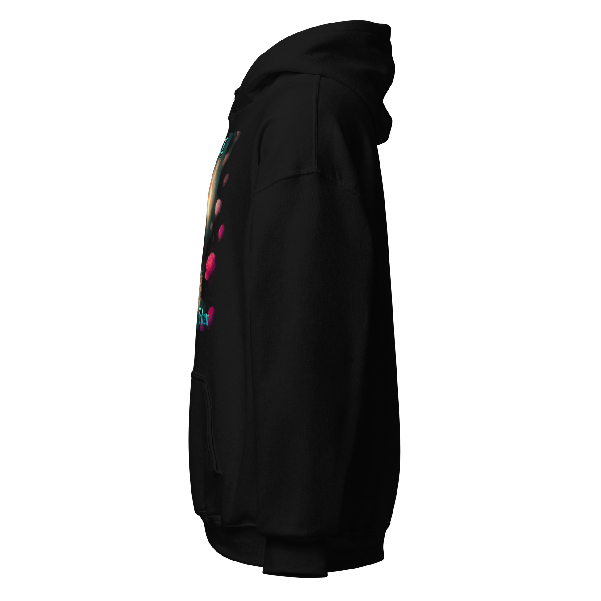 Black hoodie with colorful designs on the sleeve against a white background
