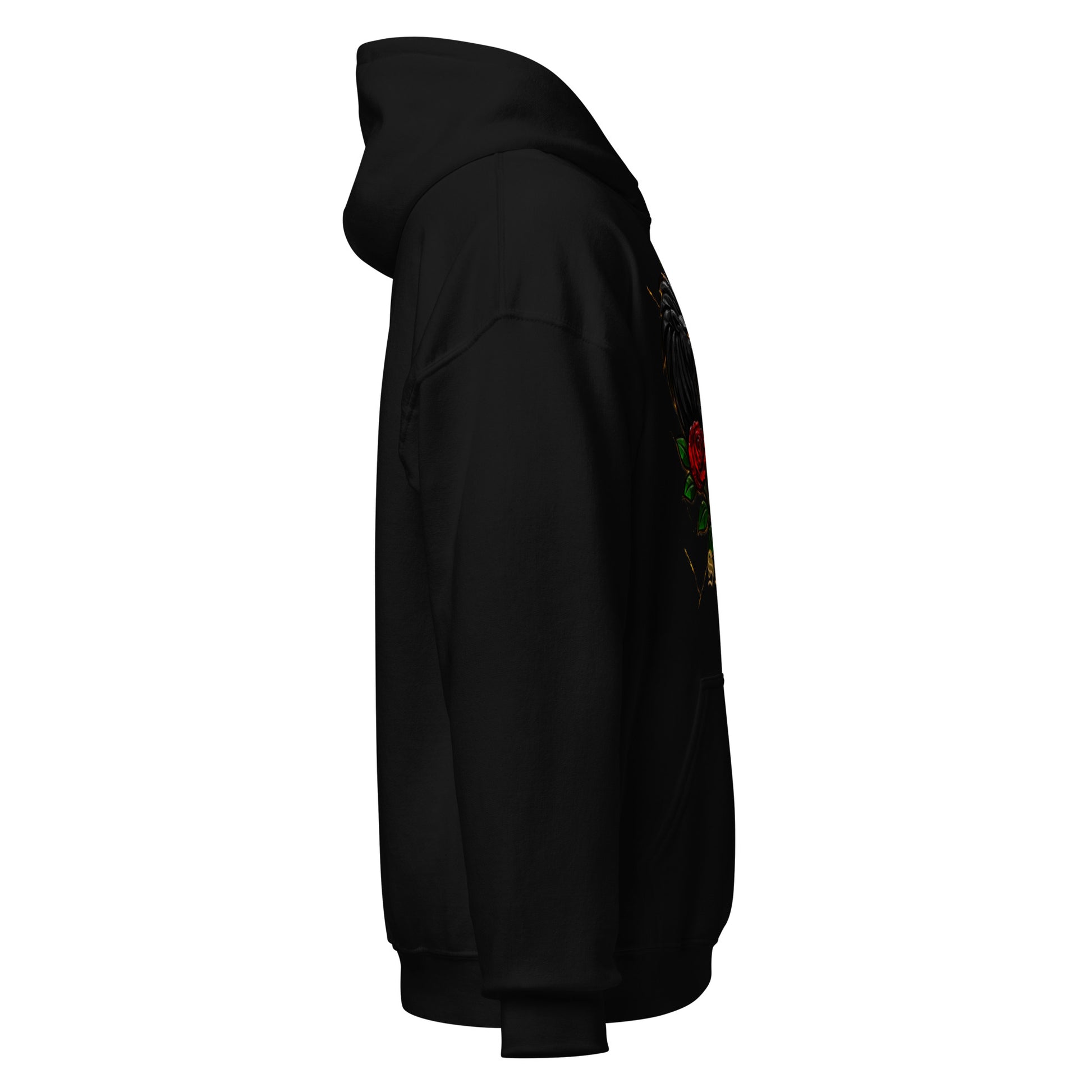 Black hoodie with a logo on the sleeve against a white background
