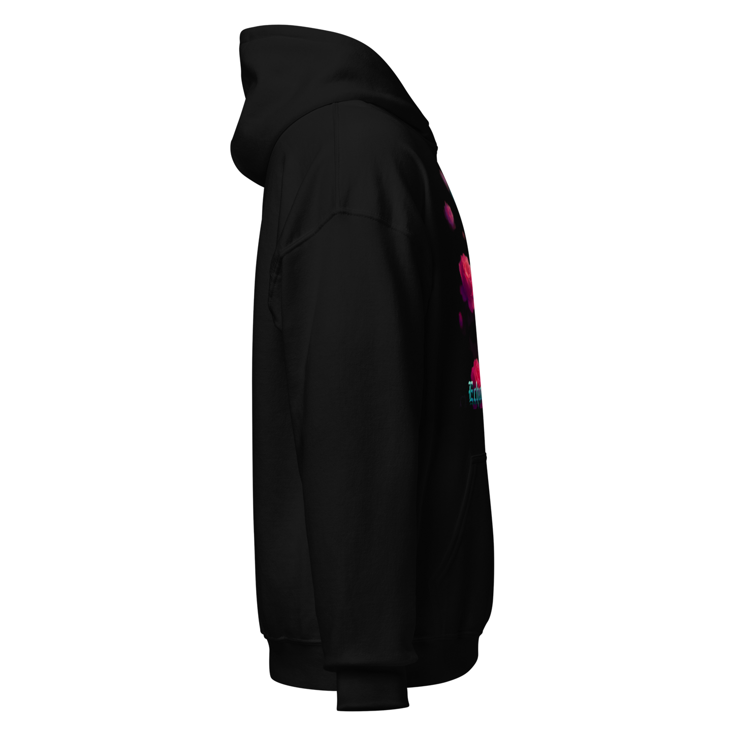 Black hoodie with colorful designs on sleeves against a white background
