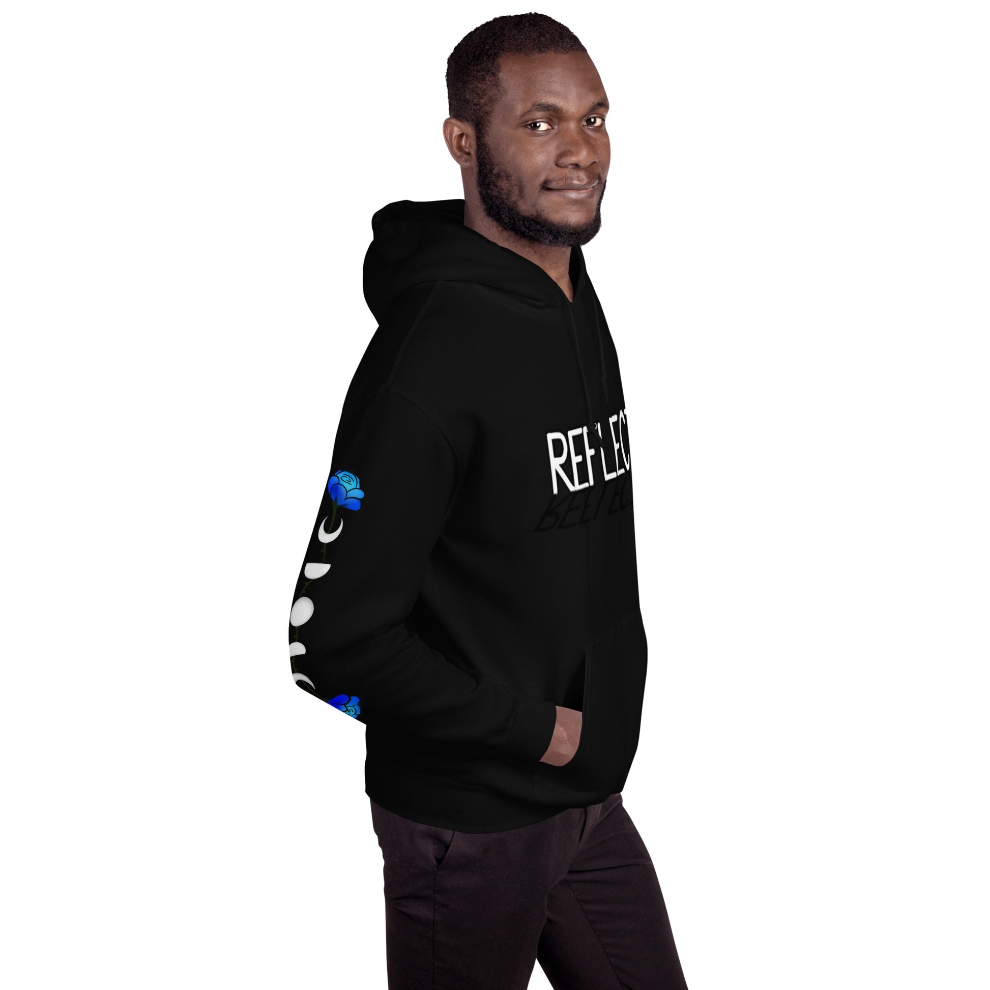 Man wearing a black hoodie with visible branding on a white background