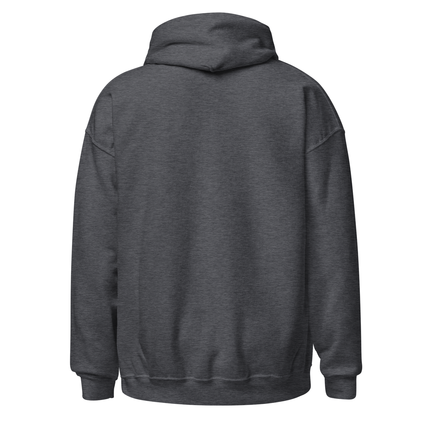 Dark gray hoodie with white text on sleeves against a white background