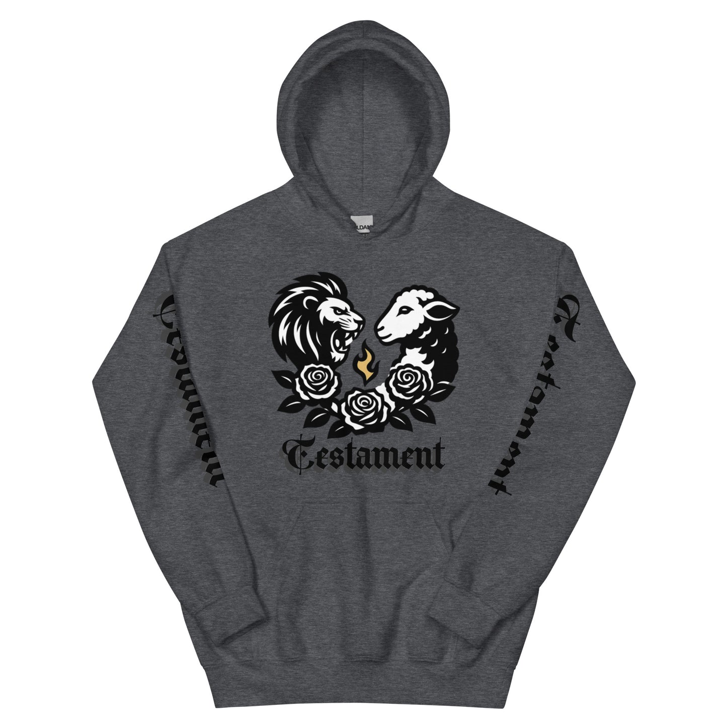 Gray hoodie with a design of two animals and roses on a white background