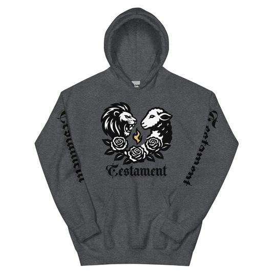 Gray hoodie with a design of two animals and roses on a white background