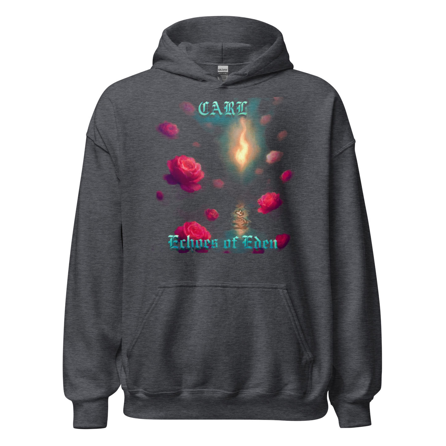Dark gray hoodie with 'CARL' and 'Echoes of Eden' design on a white background