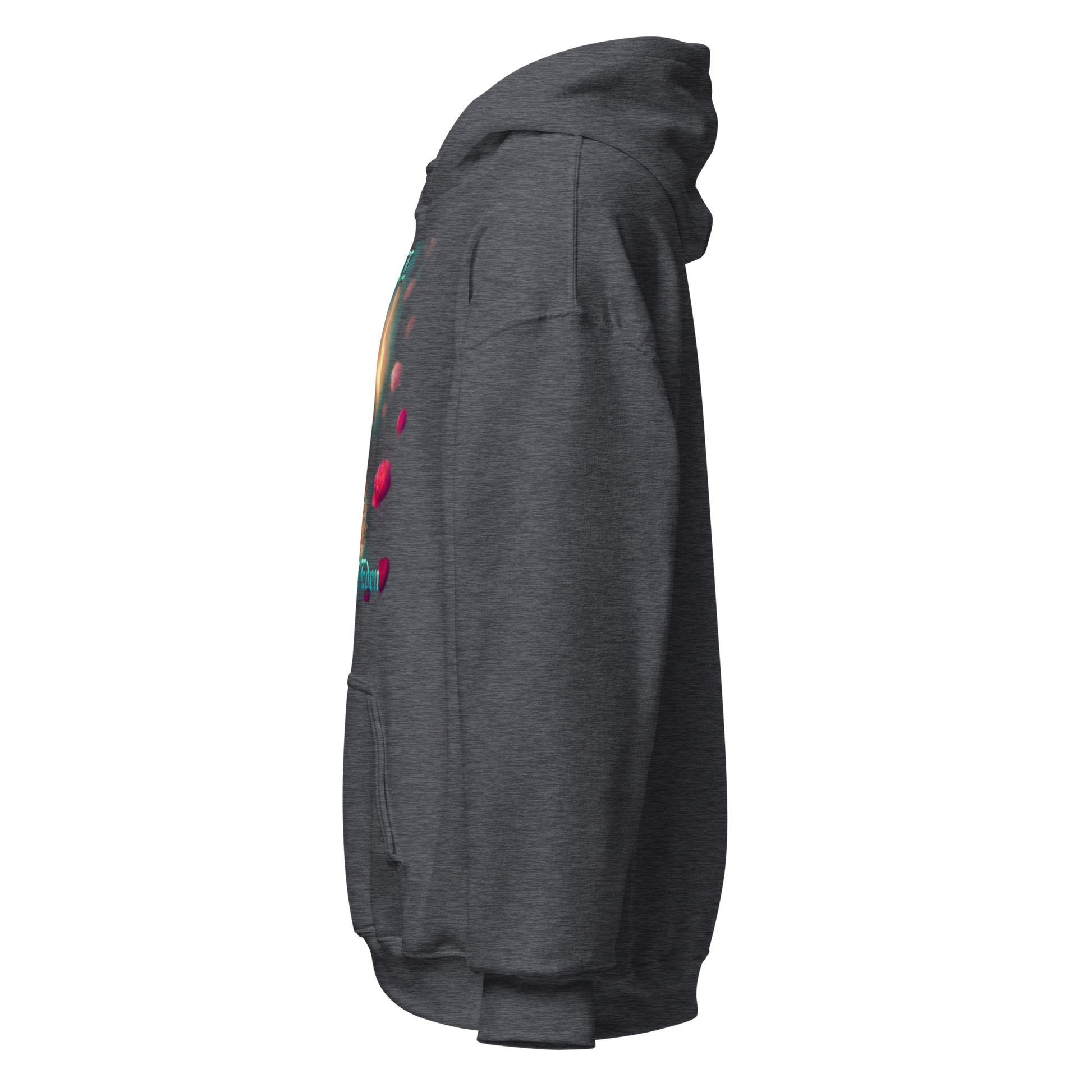 Gray hoodie with colorful designs on the sleeve against a white background