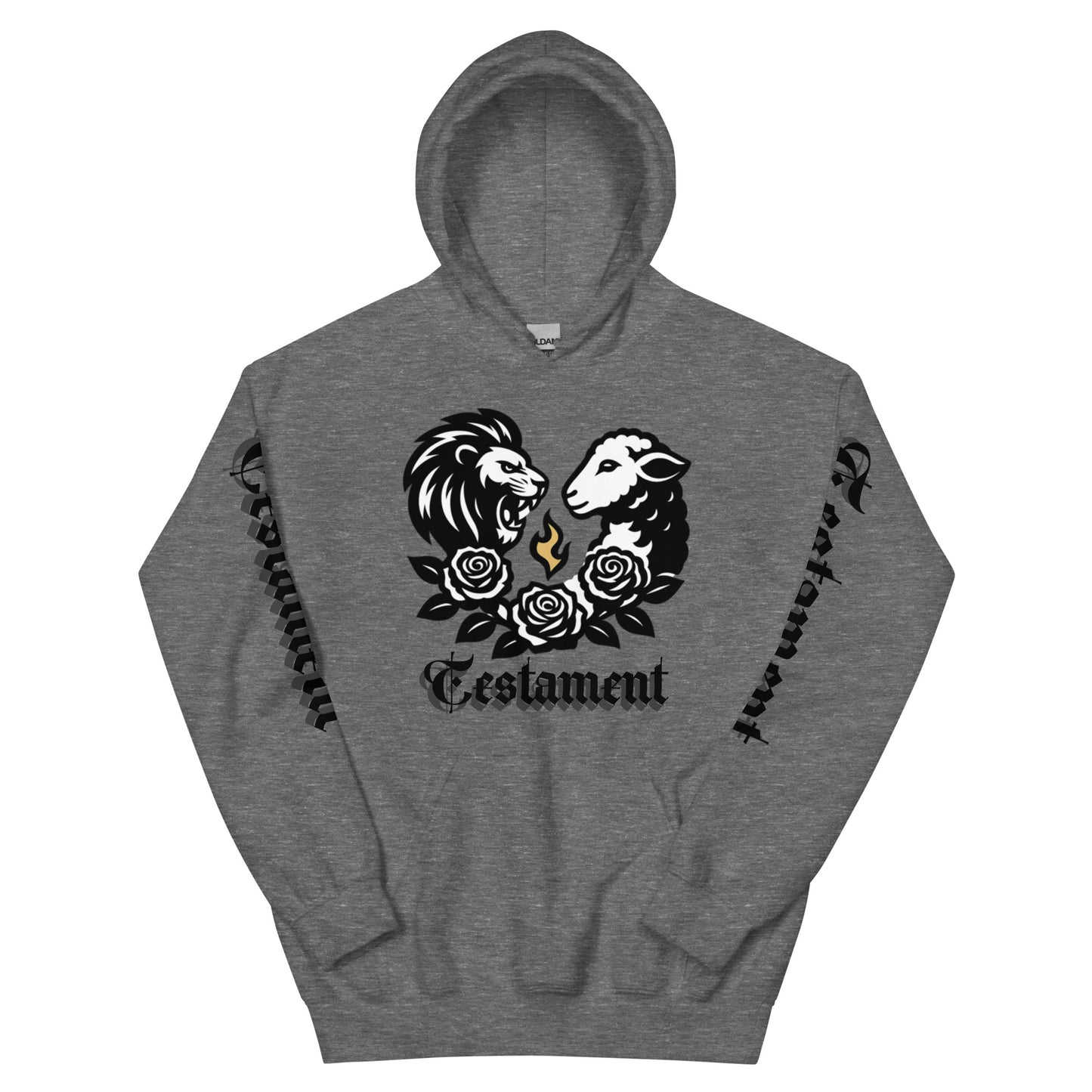 Gray hoodie with a graphic design of two animals and roses on a white background