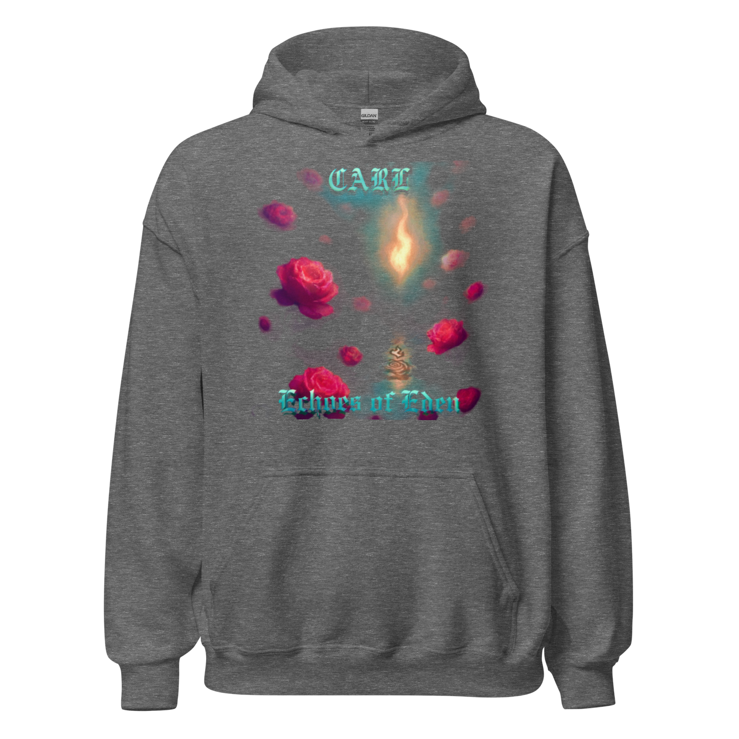 Gray hoodie with colorful graphic design on a white background
