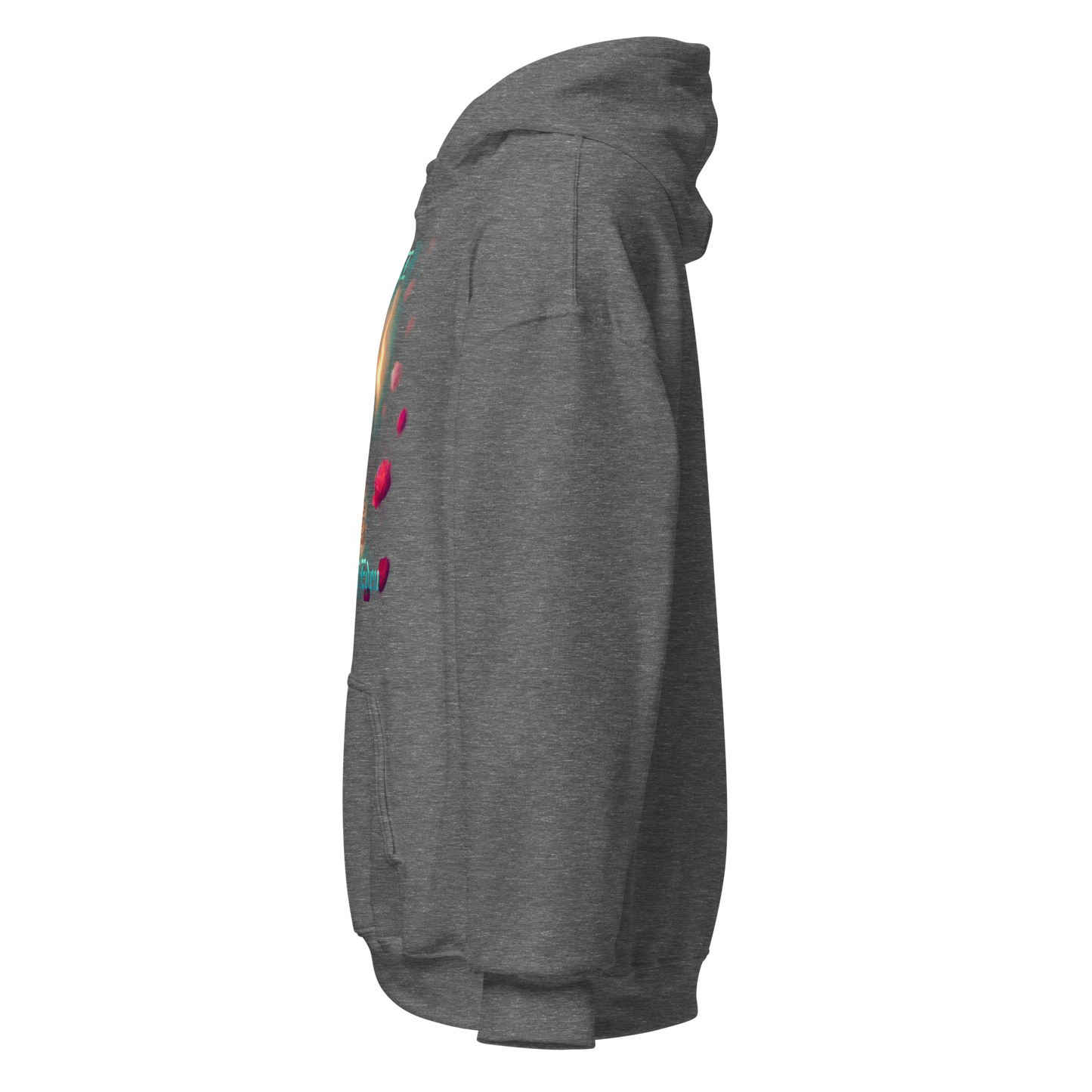 Gray hoodie with colorful designs on the sleeve against a white background