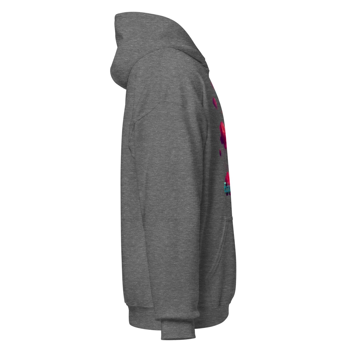 Gray hoodie with colorful designs on sleeves against a white background