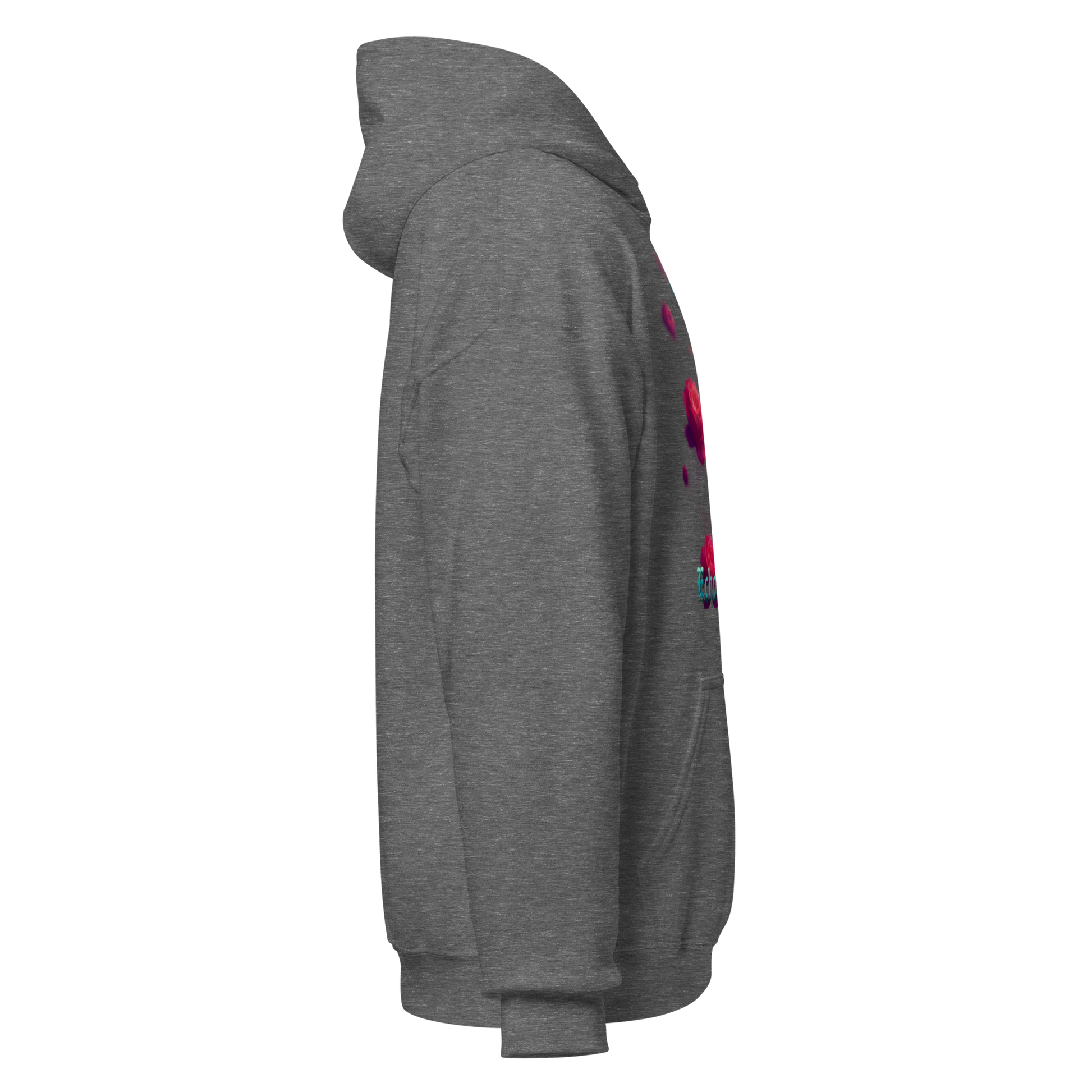 Gray hoodie with colorful designs on sleeves against a white background